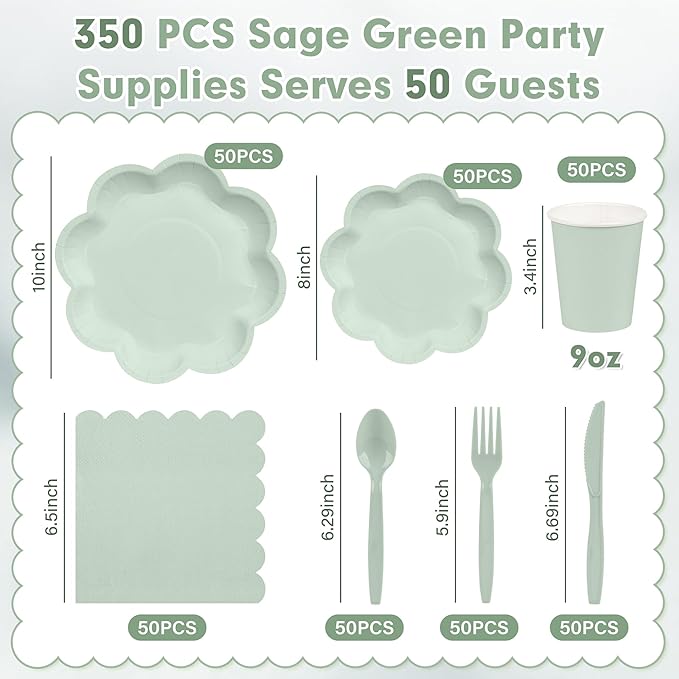 350 Pcs Sage Green Paper Plates and Napkins Set, 9" Easter Plates, 7" Scalloped Dessert Plate, 9oz Cup & Plastic Cutlery, Sage Green Party Supplies for Baby Shower Wedding Birthday, Serve for 50 Guest