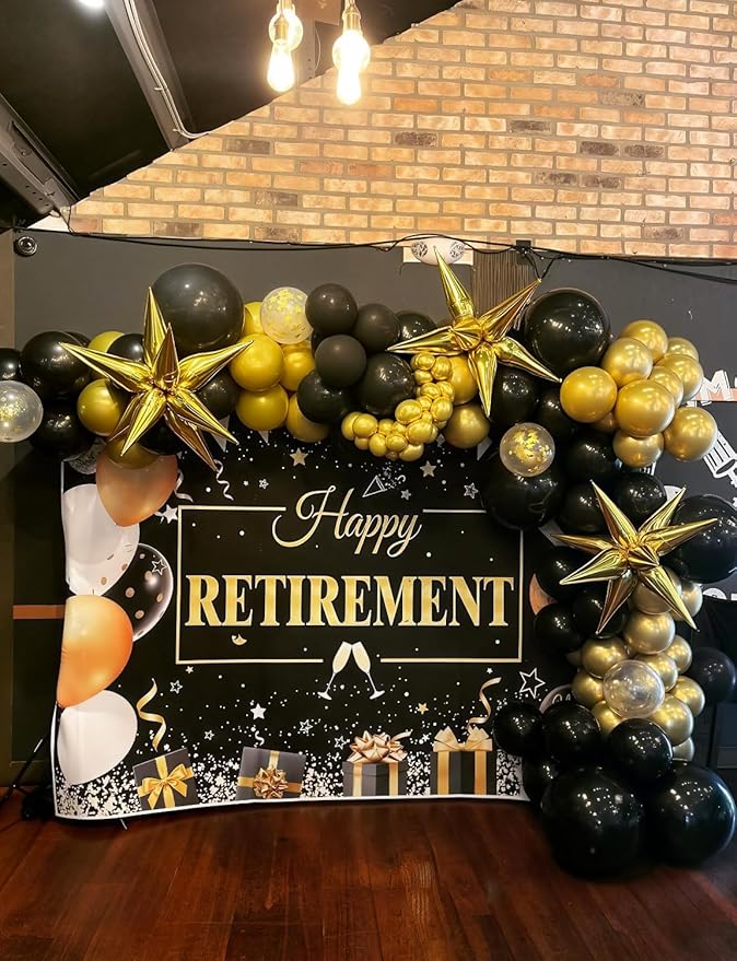 Black and Gold Balloons Arch Garland Kit, 110 Pcs Black Gold and Foil Starburst Balloon, Different Size Latex Balloons for New Year Party Birthday Retirement Anniversary Wedding Graduation Decor