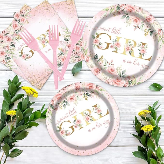 Girl Baby Shower Party Tableware Set 96 Pcs Pink Floral Sweet Baby Disposable Plates Napkins Forks A Sweet Little Girl is on Her Way Party Supplies for Girls Serve 24 Guests