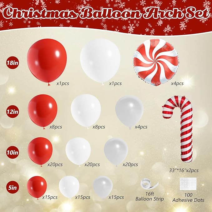 Christmas Balloon Garland Arch Kit, OTLGEUA 135Pcs Red White Silver Balloons for Candy Cane Friendsmas Christmas Party Decorations
