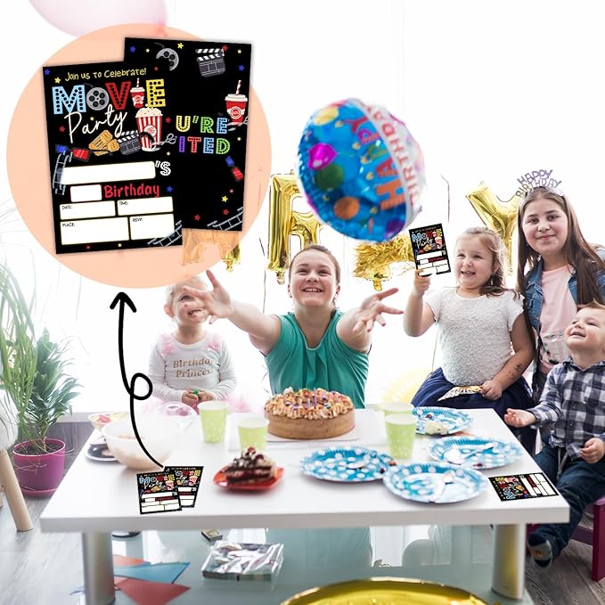 Movie Party Birthday Party Invitation Cards for Teens Girls Boys, Cinema Birthday Celebration Party Invite Cards Supplies, 20 Double-Sided Fill In Invites With Envelopes -14