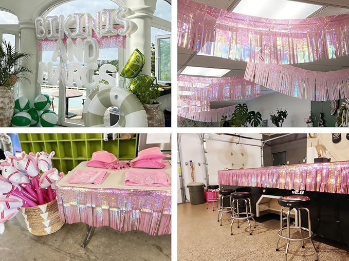 4 Pack Iridescent Pink Total 40 Feet Foil Fringe Garland Metallic Tinsel Banner Wall Hanging Drapes Parade Float Skirting Decorations for Trailer Mardi Gras Party Birthday Wedding