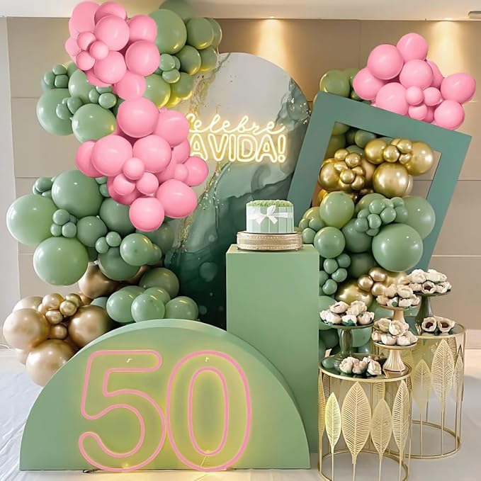 Sage Green Pink Gold Balloon Arch Kit, 141Pcs Sage Green Pastel Pink Chrome Gold Sand White Latex Balloons for Birthday Wedding Baby Shower Gender Reveal Anniversary