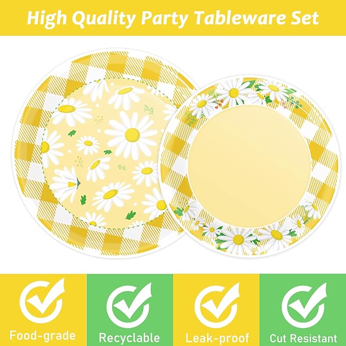 Wiooffen 96 Pcs Daisy Flower Party Supplies for 24 Guests Daisy Party Tableware Set Yellow Daisy Flower Birthday Party Pack Paper Plate Napkin Fork for Birthday Party Wedding Bridal Baby Shower