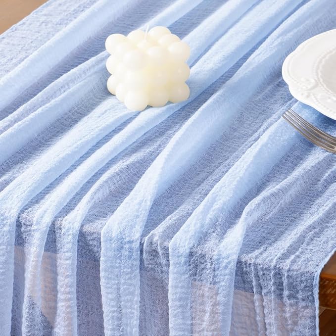 Socomi 3pcs Blue Easter Spring Gauze Cheesecloth Table Runner 120 Inch Rustic Boho Cheese Cloth Runner for Wedding Party Baby Bridal Shower Centerpiece Decoration Holiday Home Decorations