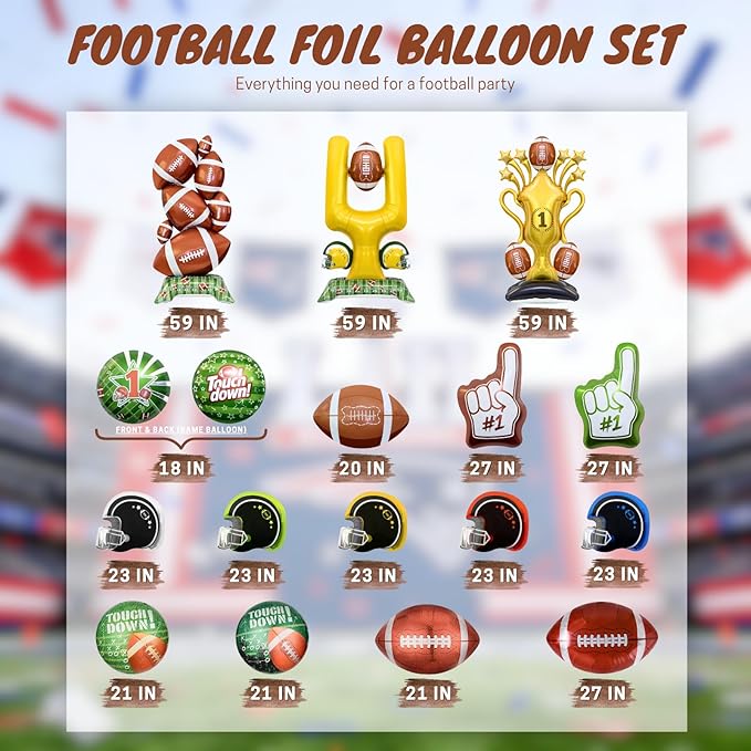 Football Party Decorations Balloon Set, 16PCS 59in Jumbo Foil Football Balloons with Trophy, Field Goal Post, Helmets & #1 Finger – Game Day Big Game Decorations for Birthday, Sports Party (Style 1)