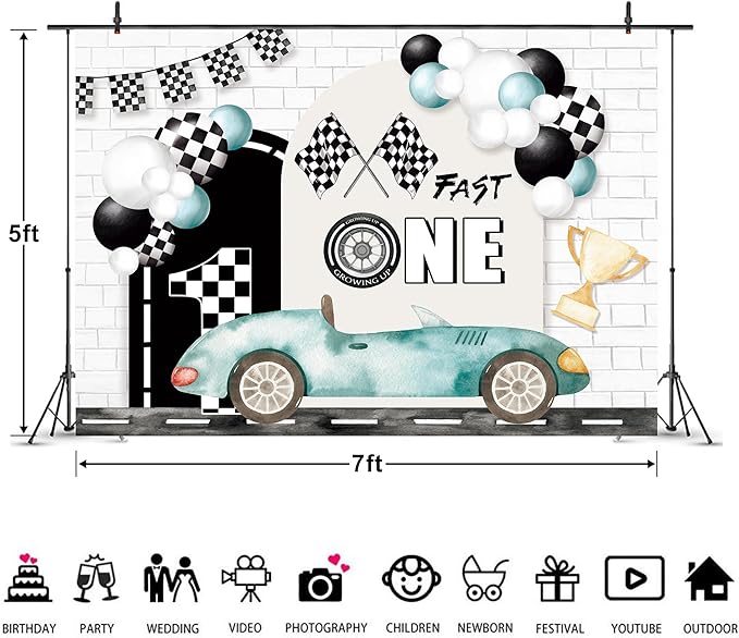 Imirell Fast One 1st Birthday Backdrop 7Wx5H Feet Kids Boys Racing Car Teal Black White Plaid Flag Cool Polyester Fabric Bday Cartoon Cute Photography Backgrounds Photo Shoot Decor Props Decoration