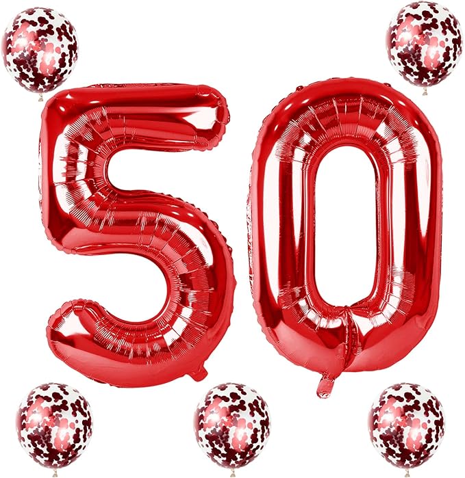 Large 50 Balloon Number Red, 40 Inch Helium Foil Number 5 & 0 Balloons Self Inflating with Red Confetti Balloons Set for Women Men 5th 50th Birthday Party Balloons Decorations/Anniversary Supplies