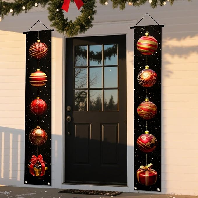 Nuxovilar Christmas Decorations Outdoor Yard Front Porch Sign Set, Black Background Christmas Ball Door Banners, Hanging Door Decor for Home Indoor Wall Yard