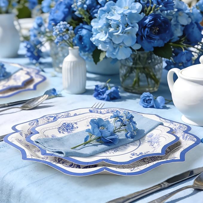 96pcs Blue and White Floral Paper Plates - Blue Flower Party Plates, Cups and Napkins Serve for 24 Baby Shower Spring Garden Birthday Wedding Tea Party Supplies Decorations