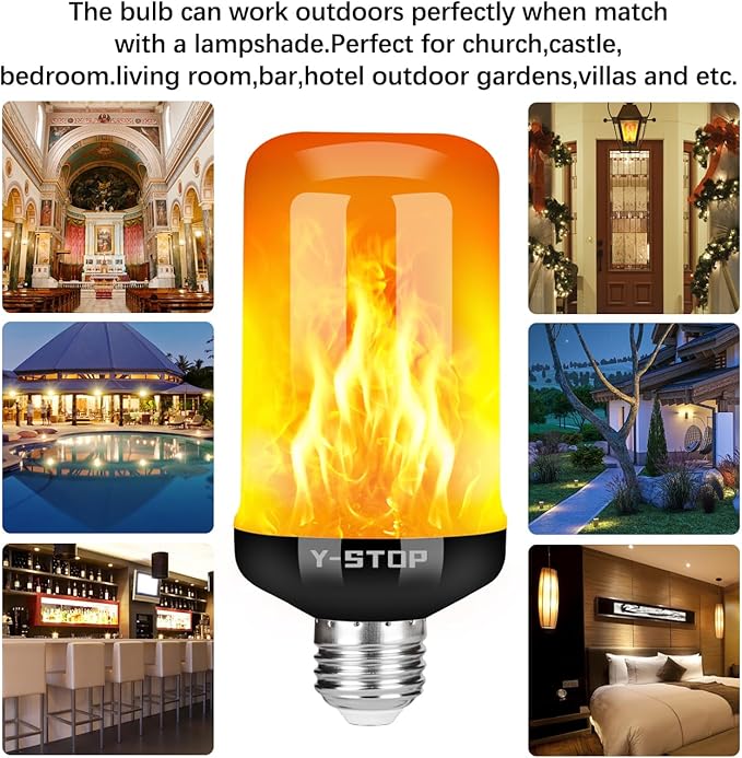 Y- STOP Flame Light Bulbs, LED Fire Light Bulb with Flickering Flame Effect, 4 Modes Halloween Decor Lights, E26 Base Upside Down Bulbs for Halloween, Christmas Decorations, Party (Yellow)