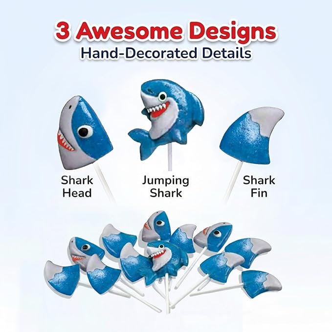 Shark Lollipops Bulk 24 Pack – Shark Shaped Candy Suckers Individually Wrapped – Baby Shark Theme – Ocean Under the Sea Party Favors – Birthday Treats for Kids Goodie Bags