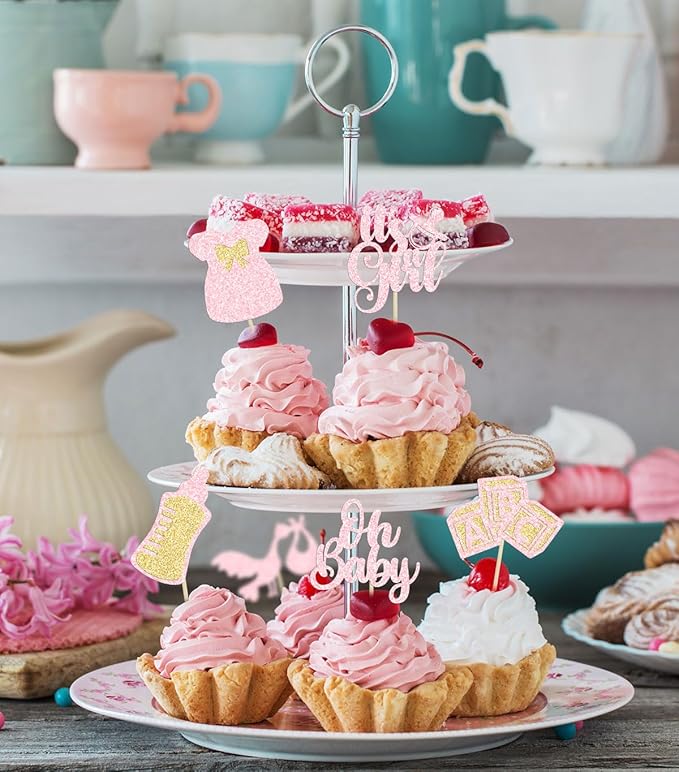Gyufise 24Pcs Baby Shower Cake Topper, Light Pink, Baby Girl Themed Cupcake Picks for Gender Reveal, Birthday Party Supplies