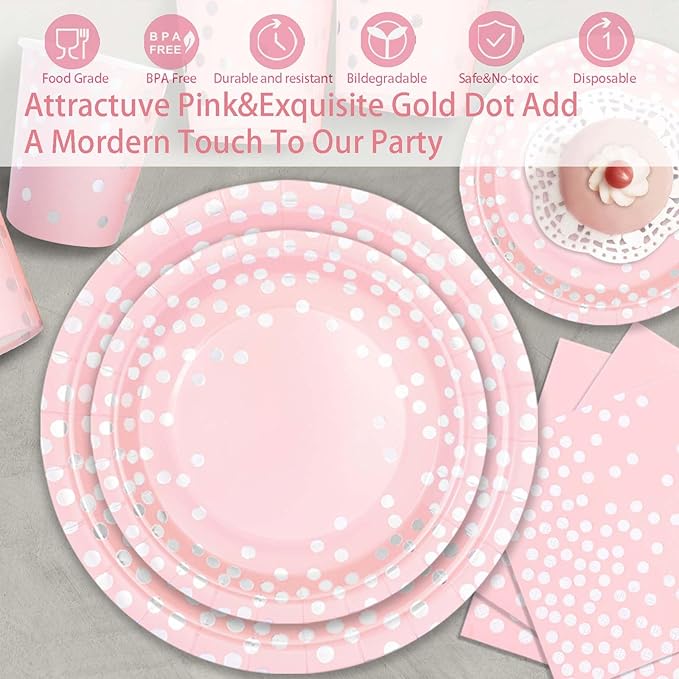 350PCS Pink Plates and Napkins Party Supplies,Pink Party Plates with Silver Polka Dot Serve 50 Guests,Bridal Shower Plates with Silver Plastic Cutlery for Engagement Wedding Decorations