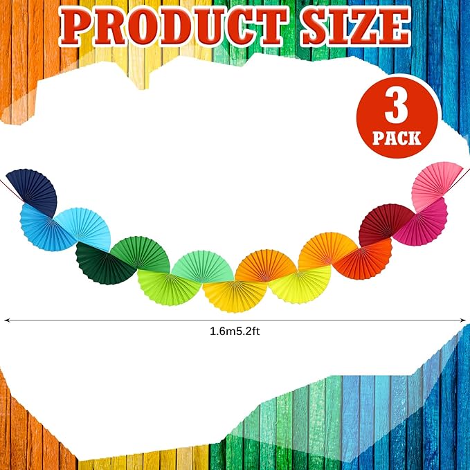 3 Pack Wedding Paper Fans Garland 15.6ft Colorful Background Ceiling Hanging Decorations Set for Birthday Party Supplies 3D Bachelorette Party Decorations (Rainbow)
