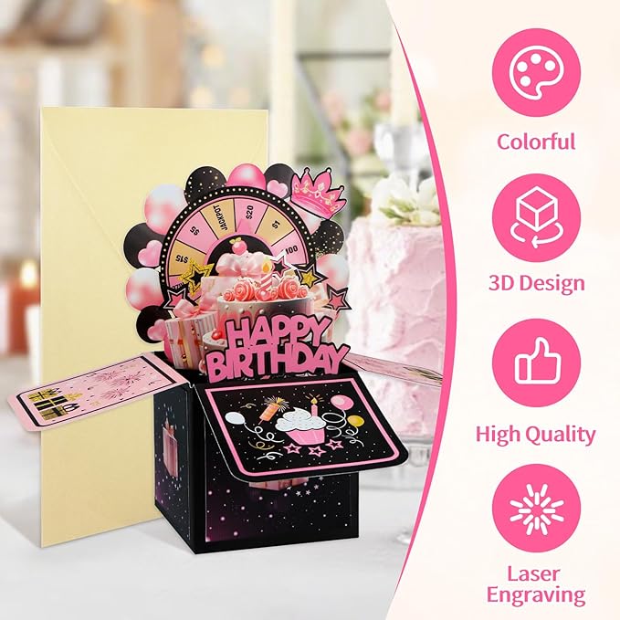 FaCraft Pop Up Birthday Card for Girl - 3D Handmade Spinning Wheel Design with Envelope & Blank Insert, Pink Interactive Happy Birthday Greeting Card for Daughter, Teens & Loved Ones