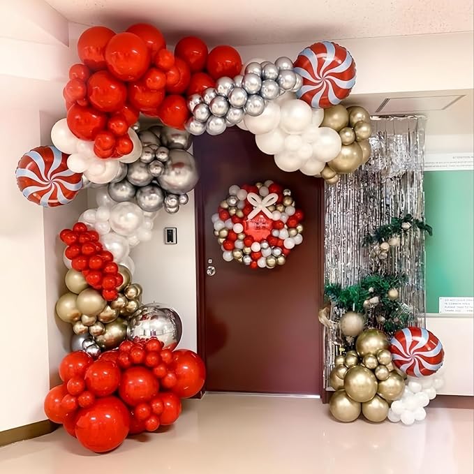 Christmas Balloon Arch Garland Kit, 135Pcs Red White Gold Silver Xmas Balloon with Candy Santa Claus Foil Balloons for Merry Christmas Holiday Birthday Baby Shower Winter New Year Party Decorations