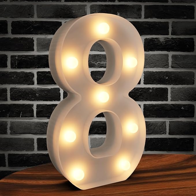 Marquee Numbers Light up Numbers, 0-9 Number Battery Powered LED Light, White Plastic Numbers Sign, Night Light Number Decor for Graduation Engagement Wedding Baby Shower Birthday (Number 8)