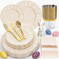 175 Piece Plastic Dinnerware Set Disposable Dinnerware Set for 25 Guests Include 50 Plastic Plates 25 Silverware Set 25 Cups and 25 Napkins for Easter Party Wedding Birthday（White and Gold）