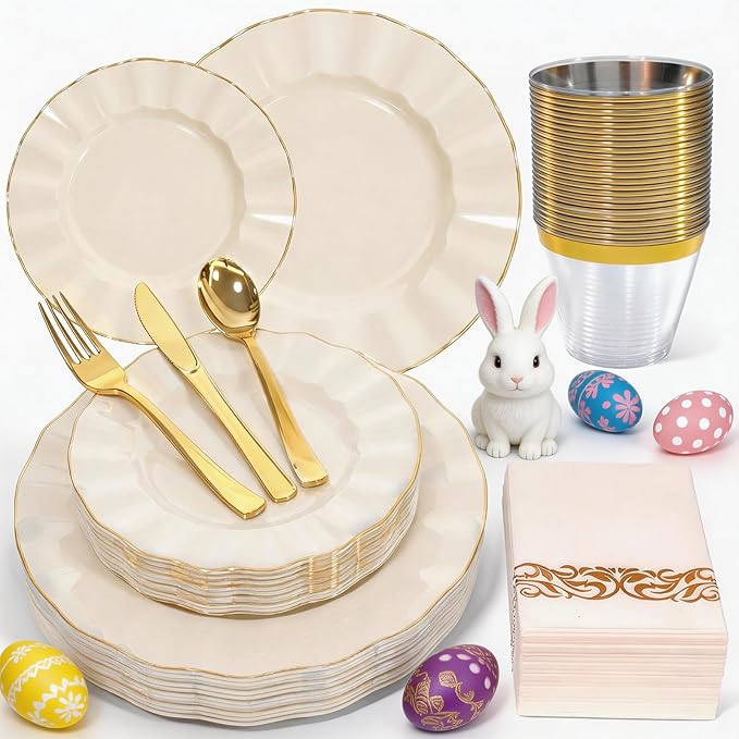175 Piece Plastic Dinnerware Set Disposable Dinnerware Set for 25 Guests Include 50 Plastic Plates 25 Silverware Set 25 Cups and 25 Napkins for Easter Party Wedding Birthday（White and Gold）