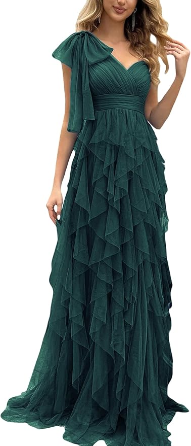 Summer Women Tulle Prom Dress Elegant Bow One Shoulder Slit Evening Party Gown Wedding Guest Bridesmaid Maxi Dress