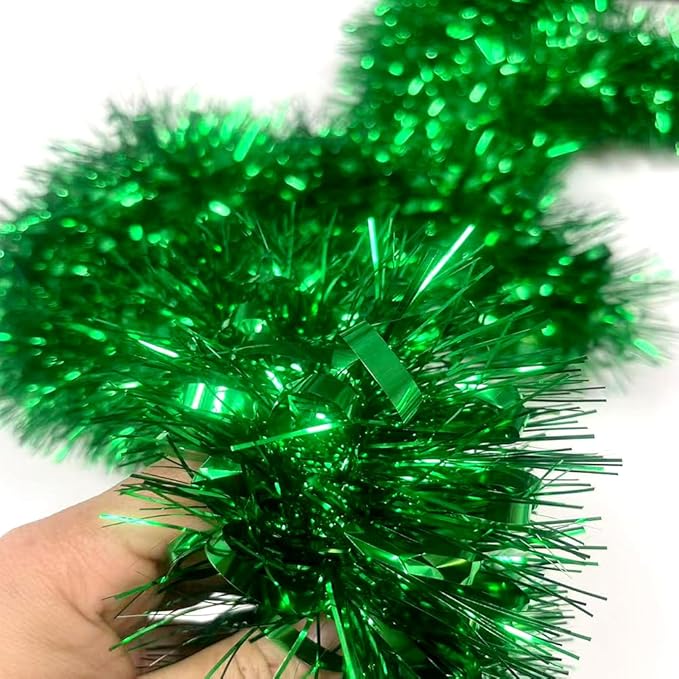 33Ft Christmas Tinsel Garland Shiny Thick Tinsel Xmas Tree Decor Metallic Twist Foil Garland for New Year Parties Birthday Party ST Patricks Day Parade Floats Indoor Outdoor Supplies - Green