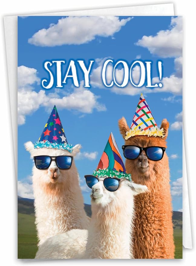 NobleWorks - 1 Happy Birthday Card with Funny Animals - Wildlife and Pet Humor, Fun Birthday Celebration Notecard - Cool Llamas C7188BDG