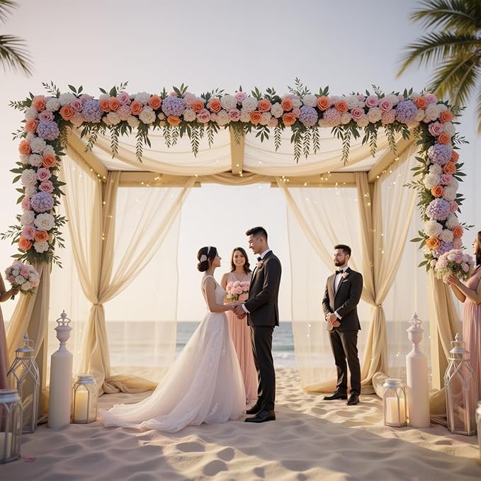 20 FT x 8 FT Champagne Backdrop Curtain - Tulle Backdrop Curtain with 9.8FT Lights String - Sheer Backdrop Curtains with 4 Inch Rod Pockets for Birthday Weddings Baby Shower Party Decorations