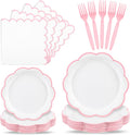 96 Pcs Pink and White Paper Plates and Napkins Set, Tableware set for 24 Guest include White Dessert Plates with Pink Scalloped Edge, Napkins and Forks for Baby Girl Shower, Bridal Shower, Wedding