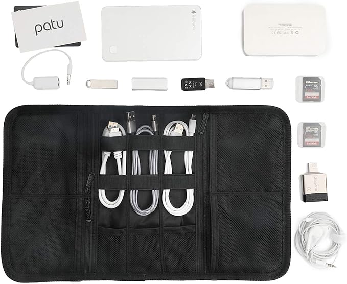 Patu Roll Up Electronics Accessories Travel Gear Organizer Case, Black - Portable Universal External Batteries Hard Drives Cable Management Healthcare Cosmetics Kit Bag