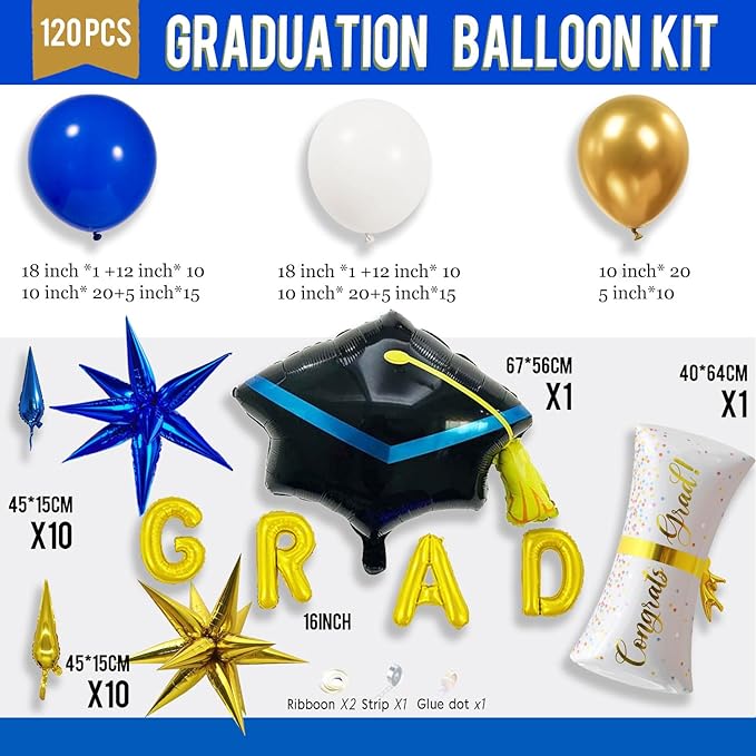 120PCS Graduation Balloon Garland Arch Kit with Graduation Cap Certificate Letter Star Mylar Foil Balloons for Class of 2026 Grad Prom Decorations Supplies (Blue Gold White)