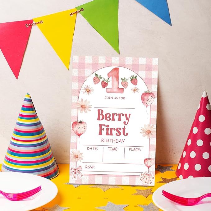 1st Birthday Invitations, Berry First Invites for Girls Boys, 20 Pcs Double-Sided Fill In Invitations with Envelopes, Birthday Party Favor & Supplies 6 x 4 Inch
