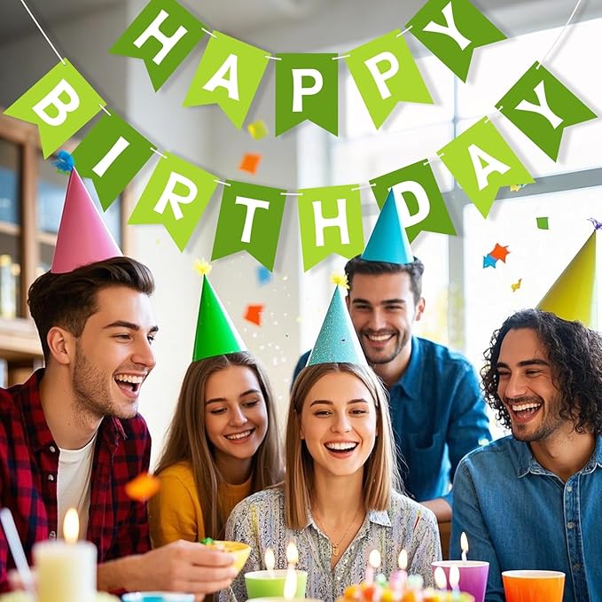 Happy Birthday Banner Sign, Birthday Garland Wall Door Hanging Banners Flag for Women Men Boys Girls Party Backdrop Decorations, Personalized Name Banner White Letters Green
