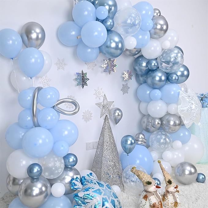 Winter Wonderland Balloon Arch Garland Kit, Baby Blue and White Balloons with Snowflake Star Foil Balloons for Ice Wonderland Christmas Baby Shower Princess Theme Birthday Party Decorations Supplies