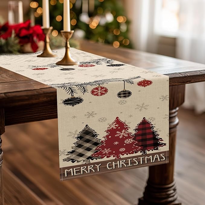 Merry Christmas Tree Dining Table Runner, Xmas Balls Pine Needle Branches Snowflake Burlap Kitchen Decoration, Winter Holiday Plaid Farmhouse Indoor Outdoor Home Decor Party Supply 13 x 72 in
