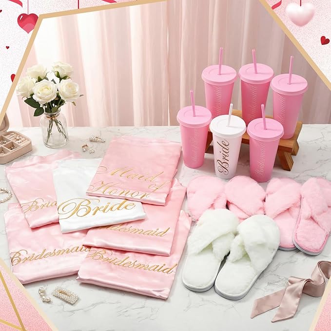 Bonuci 24 Pcs Bridesmaid Bride Robes Set of 8 Bridal Satin Robes Fluffy Slippers Drinking Cups for Wedding Bachelorette Party