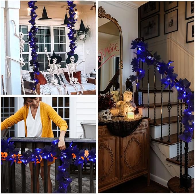 Halloween Garland Decor Indoor Table Decorations Fall Wall Hanging Artificial Black Maple Leaf Vine Decorations for Home (2 Pcs Blue Light, Set with Light)