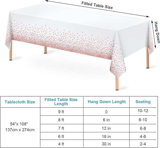 Rose Gold Polka Dot White Tablecloth, 2 Pcs Disposable Plastic Table Cloths, Rose Gold Confetti Table Cover for Birthday Parties Wedding Anniversary Baby Shower Fine Dining Decor 54 × 108 inches