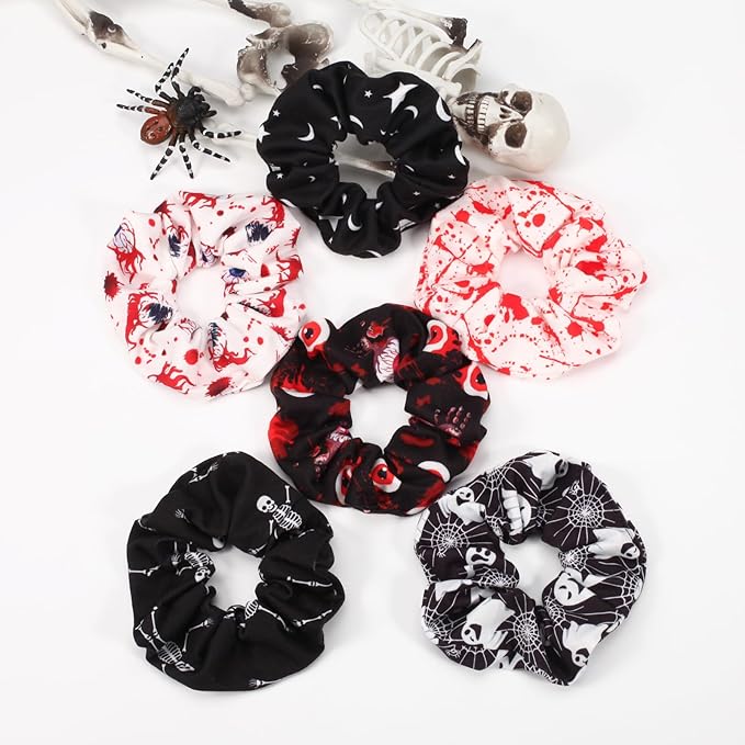 12PCS Halloween Blood Hair Scrunchies Spooky Horror Eyeball Skull Skeleton Moon Star Ghost Hair Ties for Women Girls Ladies Party Gifts