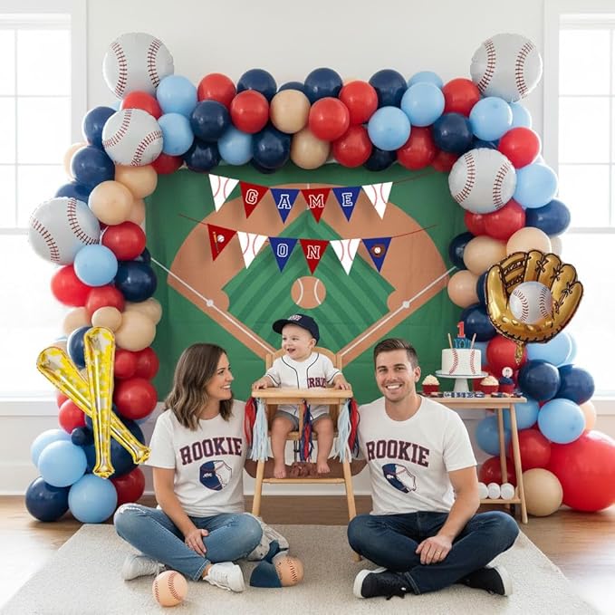 Baseball Balloon garland kit 170pcs Navy Blue Red White and Diy large Starburst Baseball bat glove balloons fot Sport theme Party Rookie Year 1st Birthday decorations