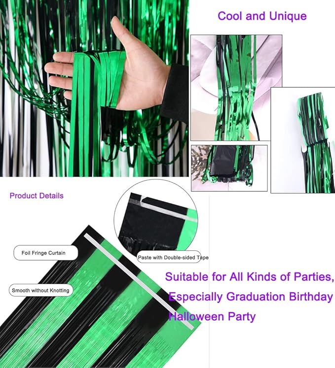 2 Pack 3.3ft×8.2ft Black Green Metal Tinsel Foil Fringe Curtains Backdrop Door Window Streamers Birthday St Patrick's Day Halloween Bachelorette Graduation Hawaiian Jungle New Year Party Decoration