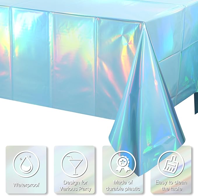 1 Pack Iridescent Light Blue Tablecloth for Parties, Pastel Blue Holographic Plastic Table Cover, Disposable Laser Baby Blue Table Cloth for Birthday Wedding Baby Shower Party Decorations, 54x108 Inch