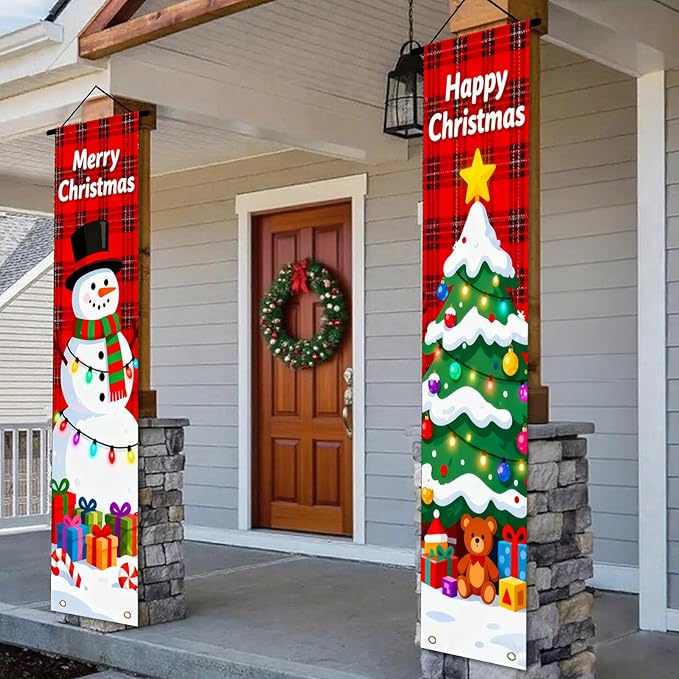 Nuxovilar Winter Merry Happy Christmas Snowman Tree Decor Polyester Banner 12x70.86 Inches Christmas Door Banner, Lively Decor for Bedroom, Balcony, Holiday Celebrations