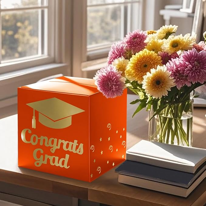 Graduation Card Box Holder, Congrats Grad Foldable Cardboard Decorations Box for Graduation Party Decoration and Grad Parties (Orange)