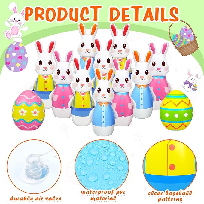 Shappy 12 Pcs 28 Inch Giant Inflatable Easter Bunny Bowling Set with Egg, Inflatable Easter Game for Kids Adults Family, 10 Pins and 2 Balls for Party Toys Indoor Outdoor Holiday Activities