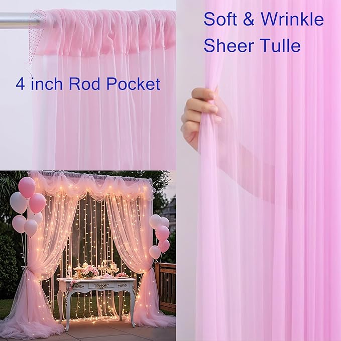 Pink Tulle Backdrop Curtains with Lights, Elegant Sheer Photo Backdrop Drapes, Soft Fabric & LED Curtain for Wedding Brithday Parties Photoshoot Background Decor, 10ftx8ft