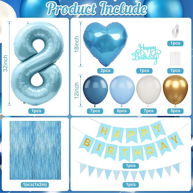 8th Birthday Decorations Blue White Gold,8th Birthday Balloons with Happy Birthday Banner Fringe Curtain Heart Foil Balloons for Boys Girls 8 Year Old Birthday Decor