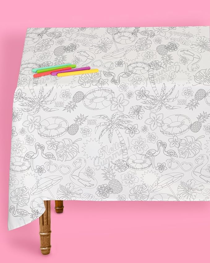 xo, Fetti Pool Party Paper Coloring Tablecloth - 9' x 4.5' | Summer Tablescape, Palm Tree Dinner Party Setting, Kids Birthday Decoration, Cute Tablecover, Beach Table DIY