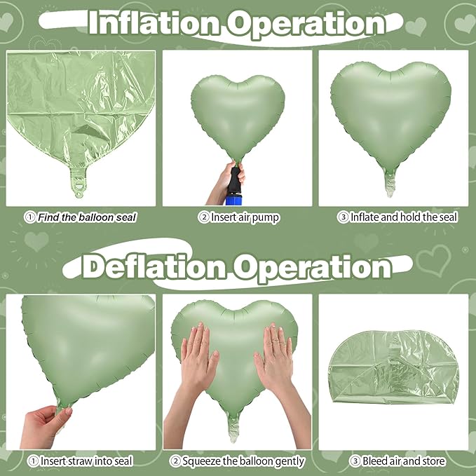 Sage Green Heart Foil Balloon, 10PCS Olive Green Heart Helium Balloons, Light Green Heart Shaped Foil Balloons for Jungle Safari Party Birthday Graduation Garden Wedding Baby Shower Party Decorations