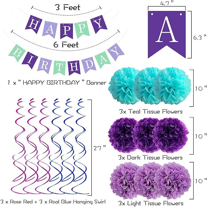 Mermaid Birthday Decorations for Girls Women 29pcs Party Supplies Including Pom Poms Flowers Happy Birthday Banner Dots Garland Hanging Swirls and Balloons Purple Teal Confetti